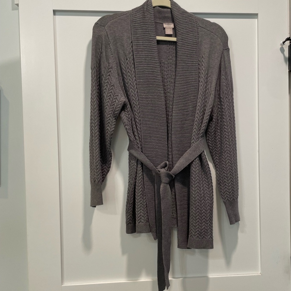 Chico’s Gray cardigan with belt. Women’s size 2P(12 Petite)